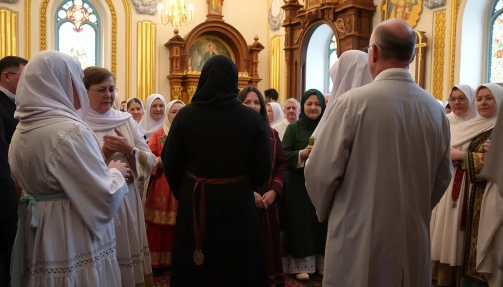 Orthodox church ceremony in Perm with locals in traditional dress