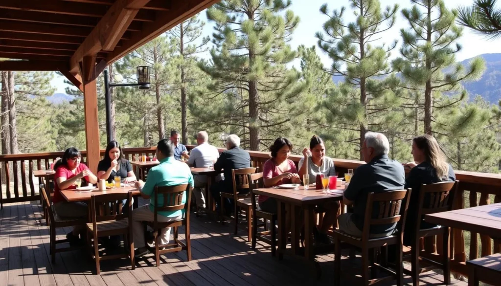 Outdoor dining at a mountain restaurant with forest views