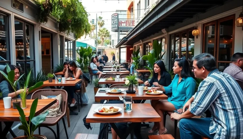 Outdoor dining at a restaurant on Abbot Kinney Boulevard in Venice Beach, Los Angeles, California