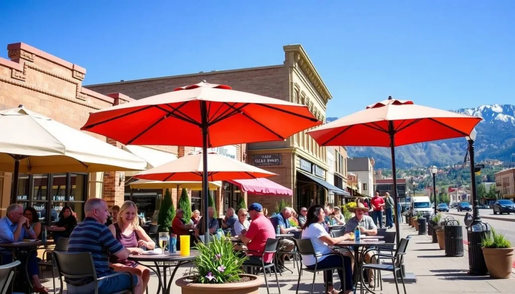 Outdoor dining in downtown Glenwood Springs with mountain views