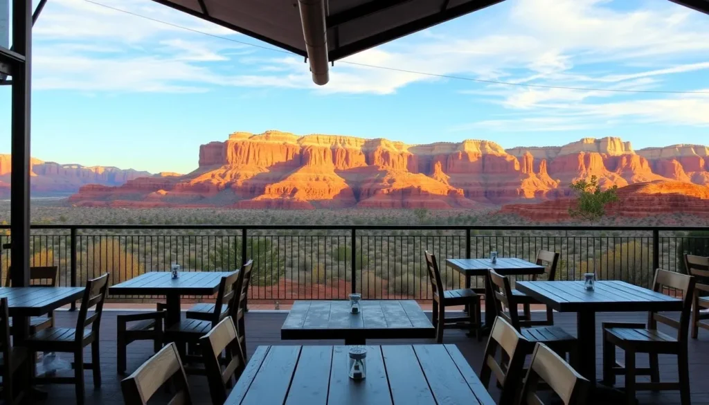 Outdoor dining patio at Cliff Dwellers Restaurant with views of the Vermilion Cliffs Outdoor dining patio at Cliff Dwellers Restaurant with views of the Vermilion Cliffs