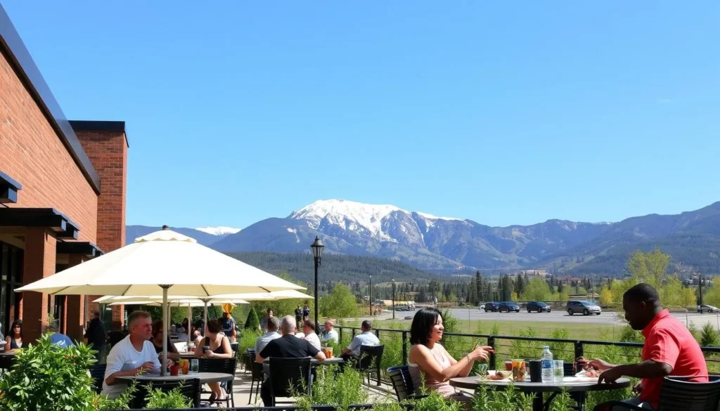 Outdoor dining patio in Glenwood Springs with mountain views and people enjoying meals Outdoor dining patio in Glenwood Springs with mountain views and people enjoying meals