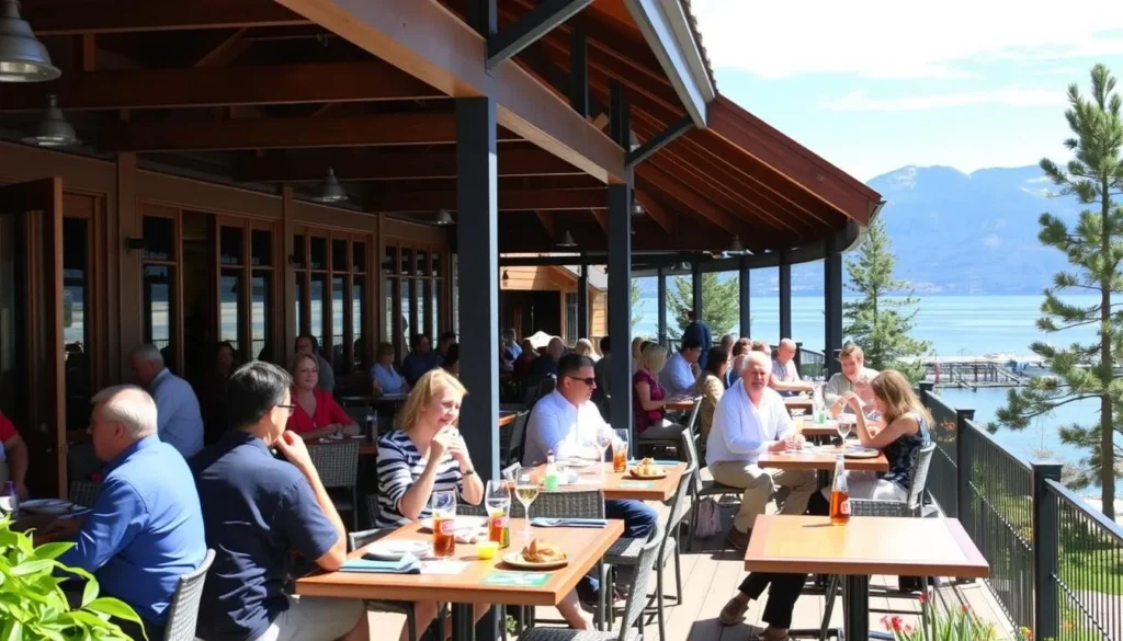 Outdoor dining with lake view at a restaurant near Tahoe State Recreation Area Outdoor dining with lake view at a restaurant near Tahoe State Recreation Area