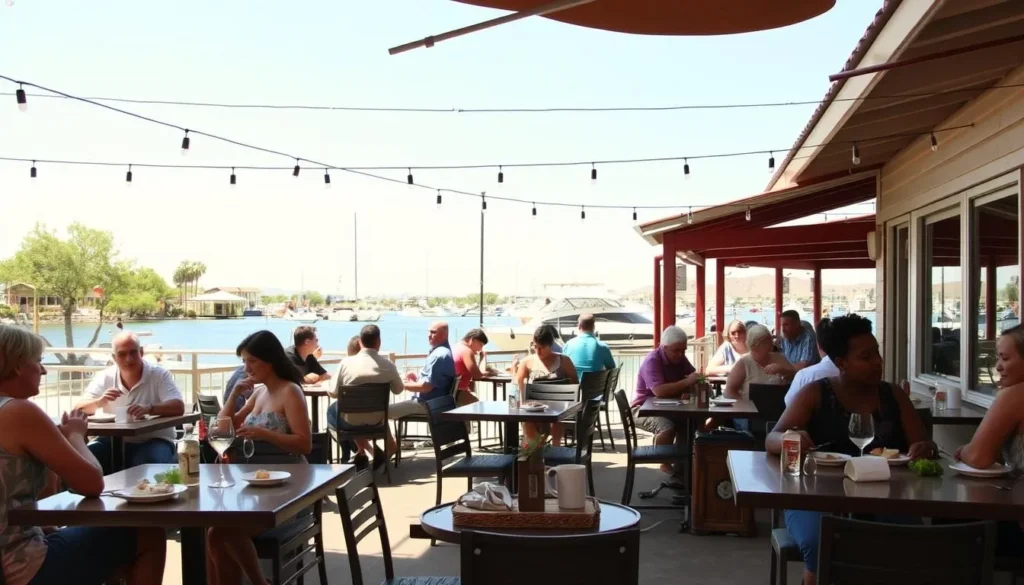Outdoor dining with lake views at Saguaro Lake Marina Restaurant in Arizona