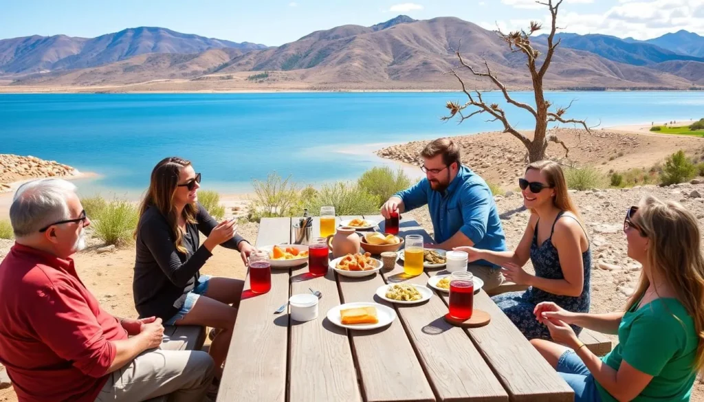 Outdoor dining with view of Blue Mesa Reservoir