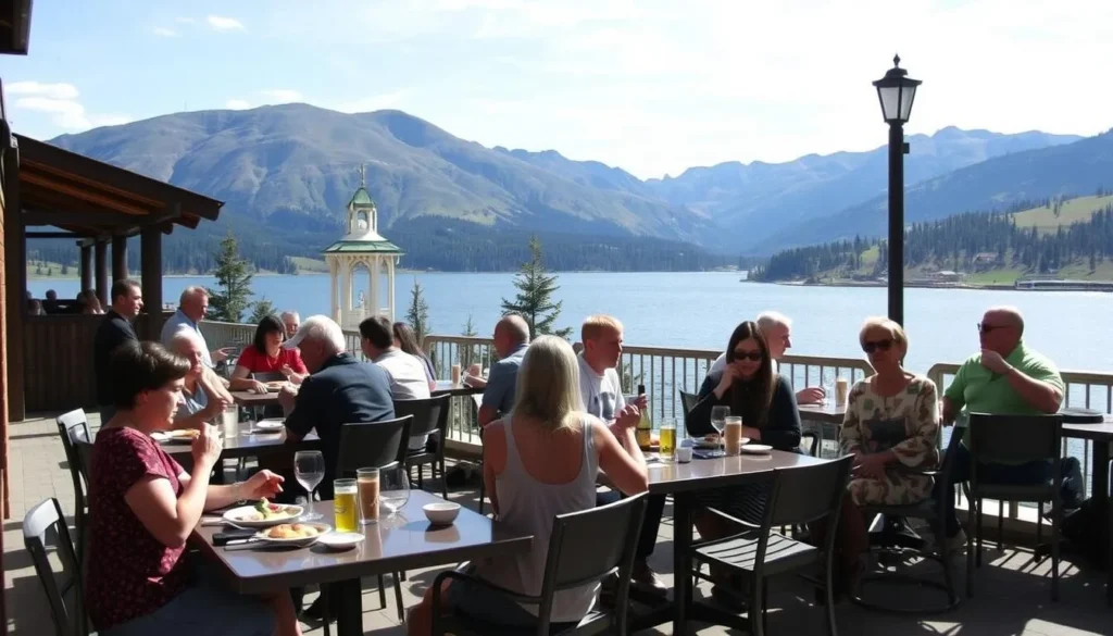 Outdoor dining with view of Lake Granby and mountains Outdoor dining with view of Lake Granby and mountains