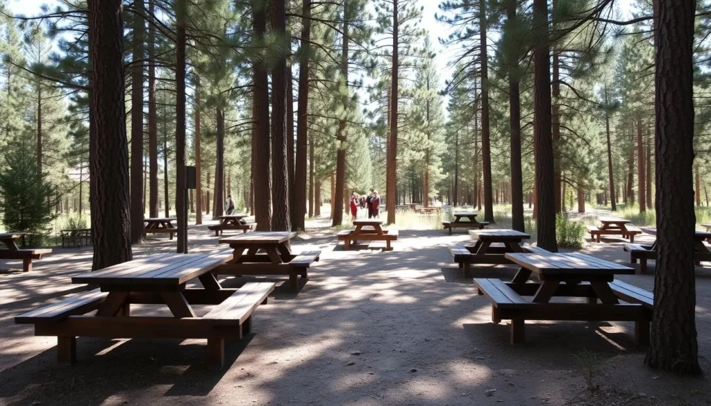 Outdoor picnic area at Grand Mesa with tables and forest views Outdoor picnic area at Grand Mesa with tables and forest views