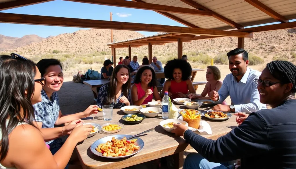 Outdoor picnic at Pancho Villa State Park with diverse group enjoying food Outdoor picnic at Pancho Villa State Park with diverse group enjoying food