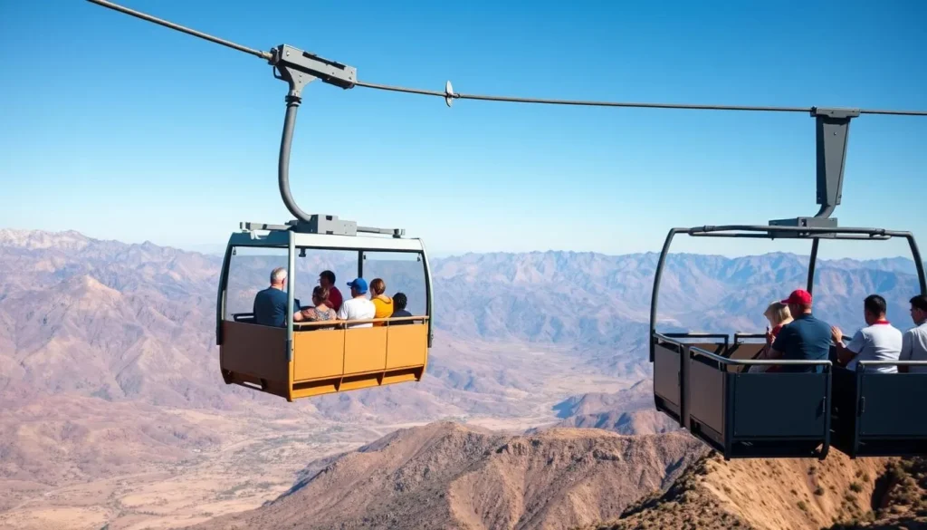 Palm Springs Aerial Tramway ascending through Santa Rosa and San Jacinto Mountains with passengers enjoying panoramic views Palm Springs Aerial Tramway ascending through Santa Rosa and San Jacinto Mountains with passengers enjoying panoramic views