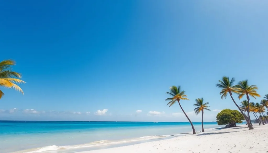 Palm trees on a sunny beach in Las Terrenas during the dry season with perfect blue skies