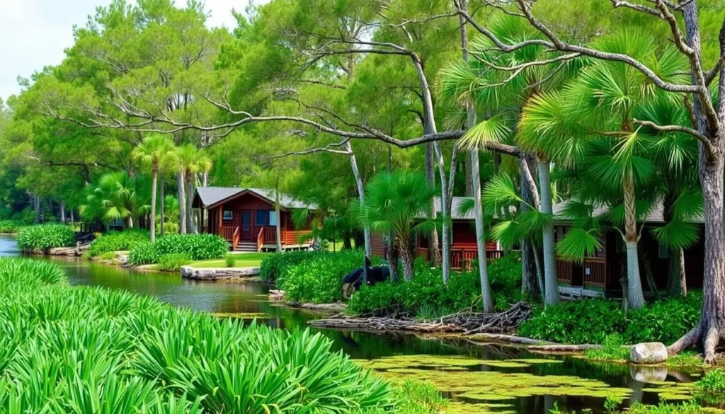 Palmetto Island State Park showing cabins nestled among palm trees and cypress Palmetto Island State Park showing cabins nestled among palm trees and cypress