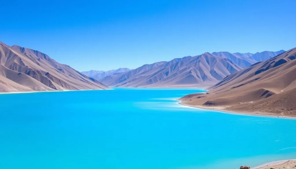 Pangong Lake with its stunning blue waters against the backdrop of arid mountains Pangong Lake with its stunning blue waters against the backdrop of arid mountains