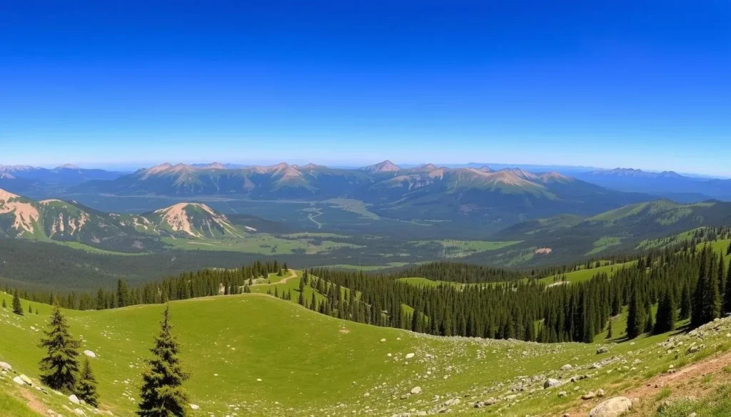 Panoramic view from Ripple Creek Pass showing the vast Flat Tops Wilderness landscape Panoramic view from Ripple Creek Pass showing the vast Flat Tops Wilderness landscape