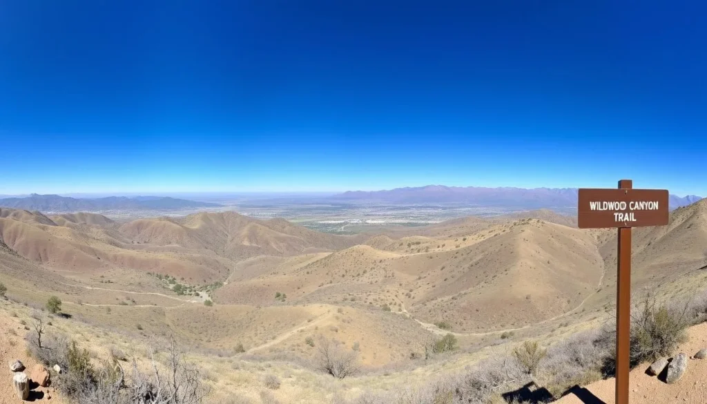 Panoramic view from Wildwood Canyon Trail showing the San Bernardino Mountains Panoramic view from Wildwood Canyon Trail showing the San Bernardino Mountains