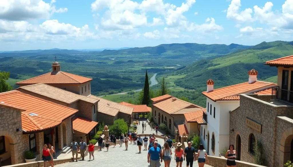 Panoramic view of Altos de Chavón village with its Mediterranean architecture and the Chavón River valley in the background