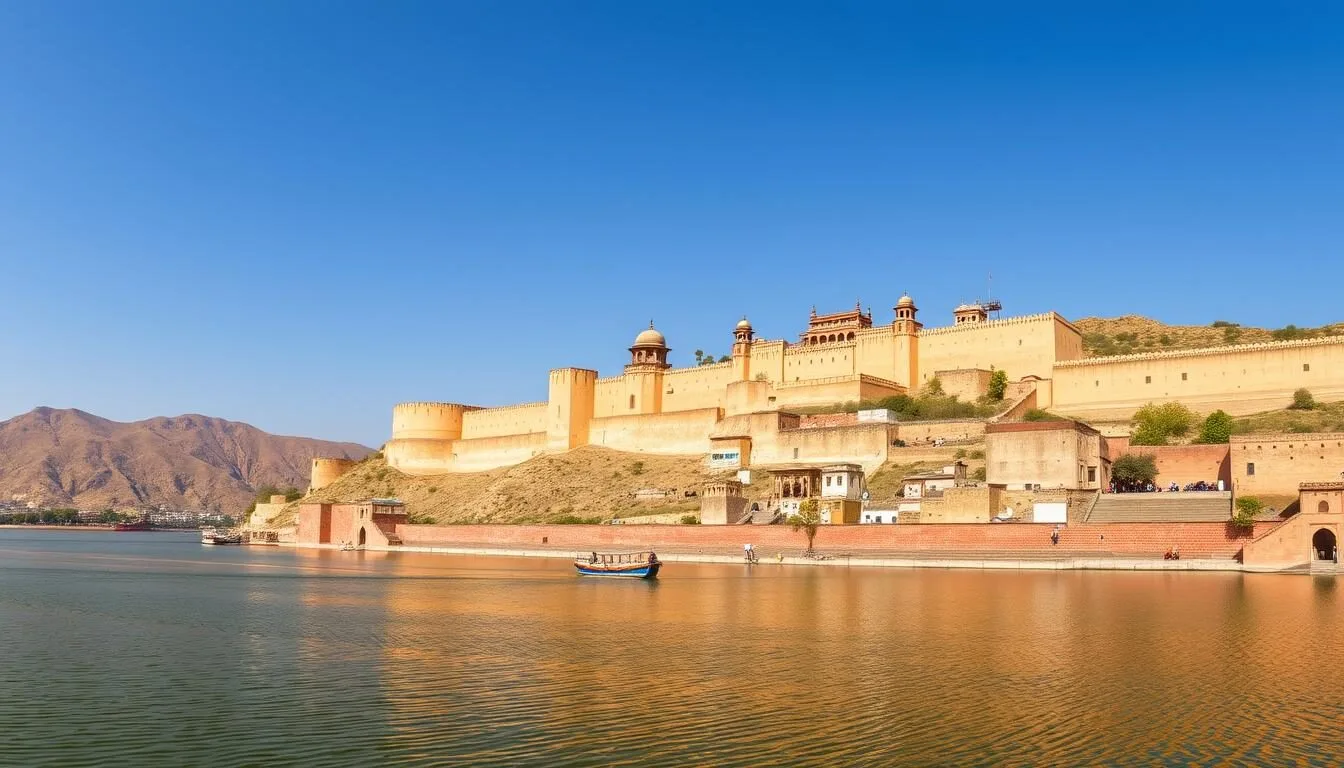 Panoramic view of Amber Fort in Jaipur, Rajasthan, with its honey-colored walls rising above Maota Lake on a clear sunny day