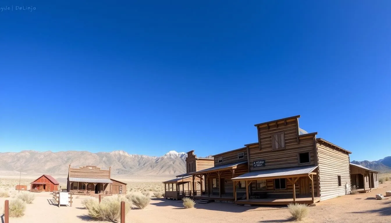 Panoramic-view-of-Berlin-Ichthyosaur-State-Park-showing-the-preserved-mining-town-buildings Panoramic view of Berlin-Ichthyosaur State Park showing the preserved mining town buildings with the Shoshone Mountains in the background