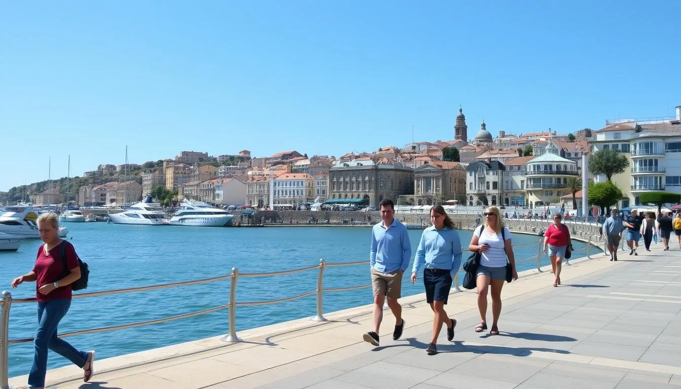 Panoramic view of Calais harbor with ferries in the distance and the town's historic buildings visible along the shoreline