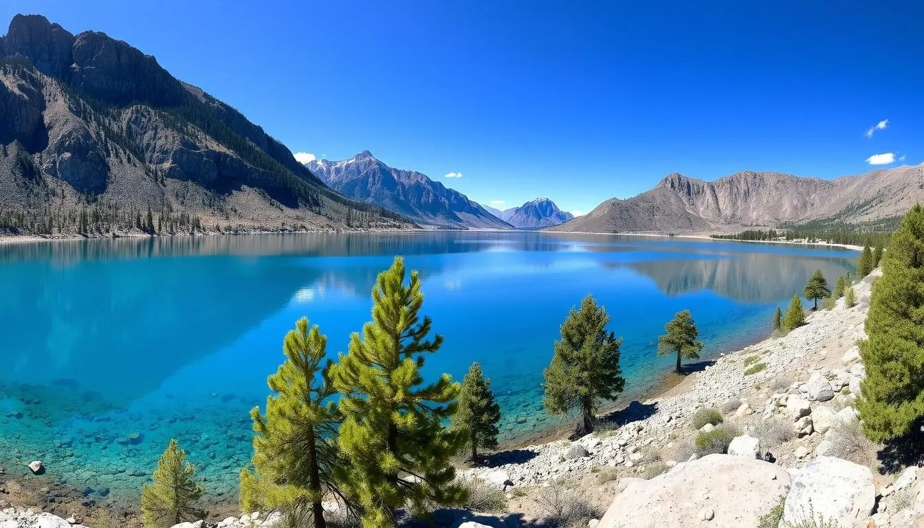 Panoramic-view-of-Echo-Canyon-Reservoir-with-mountains-in-the-background-at-Echo-Canyon-State Panoramic view of Echo Canyon Reservoir with mountains in the background at Echo Canyon State Park Nevada