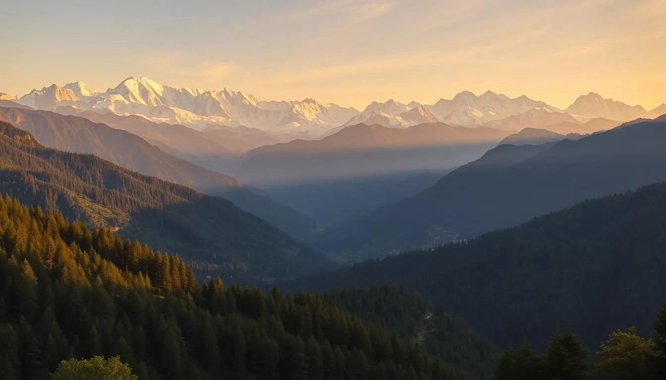 Panoramic view of Great Himalayan National Park showing snow-capped mountains and lush green valleys