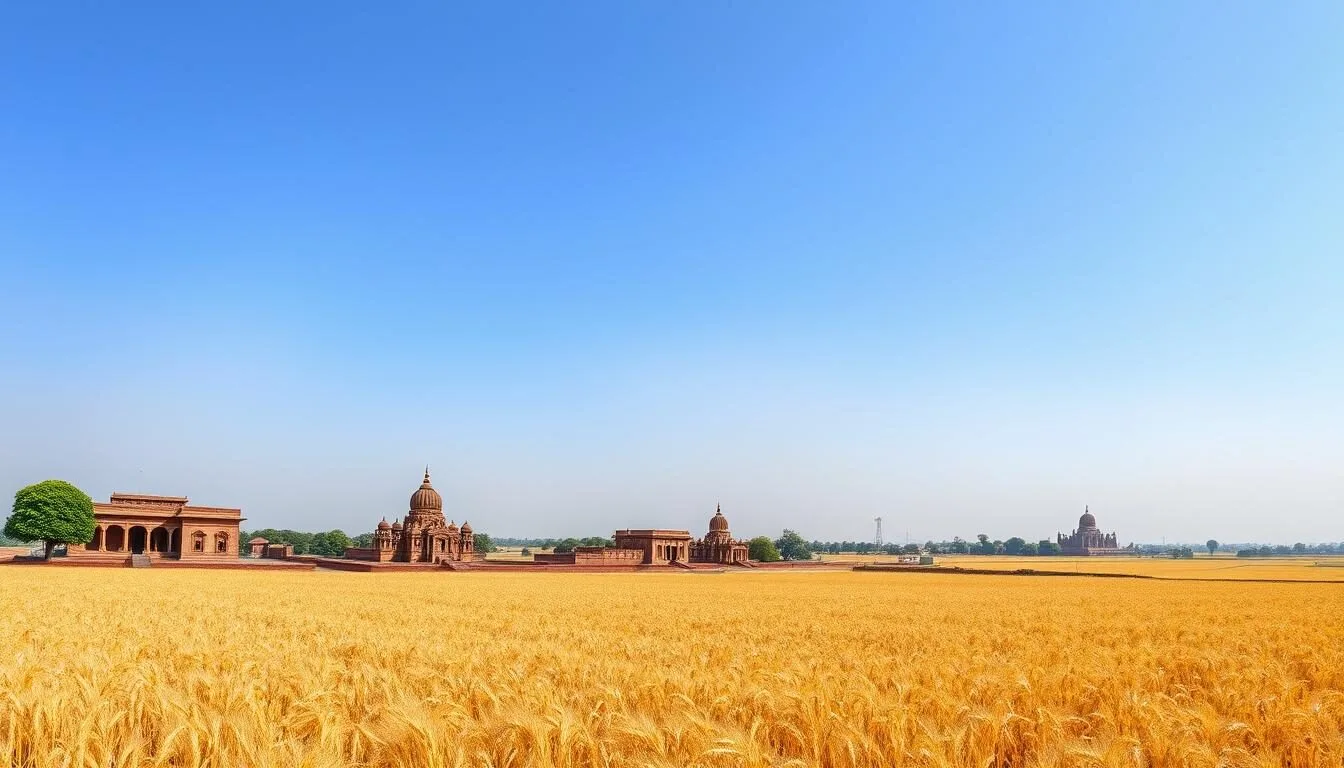 Panoramic view of Haryana landscape showing golden wheat fields with ancient temples in the background
