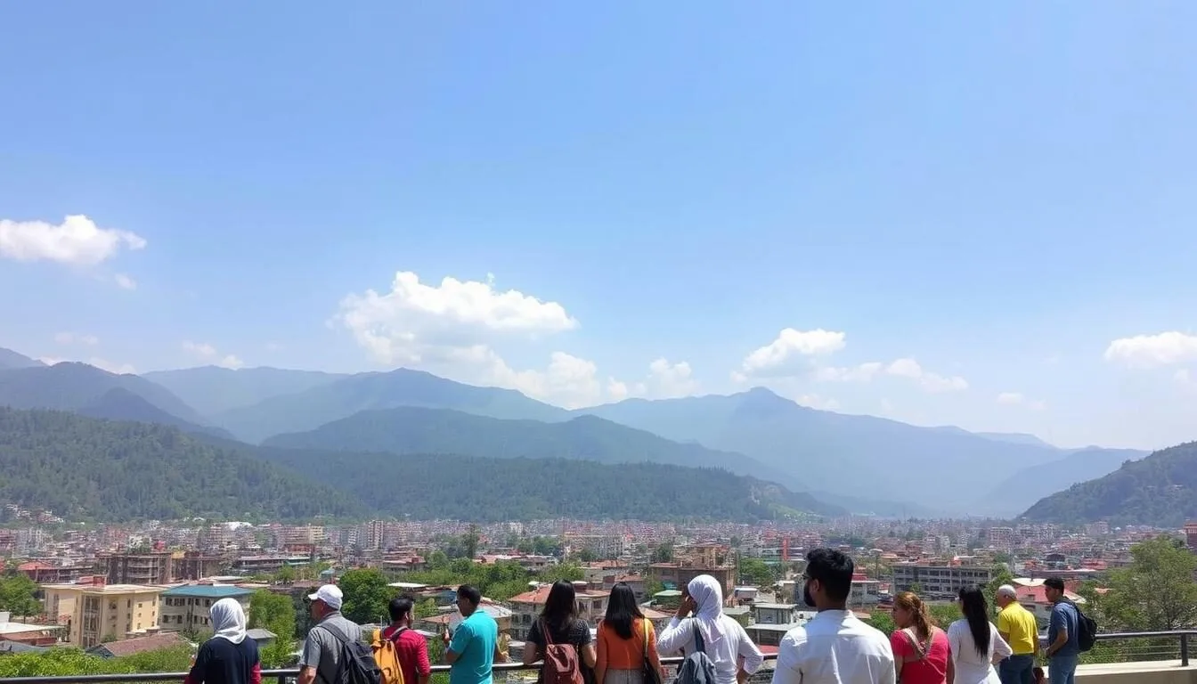Panoramic view of Itanagar city nestled in the foothills of the Himalayas with lush green mountains in the background