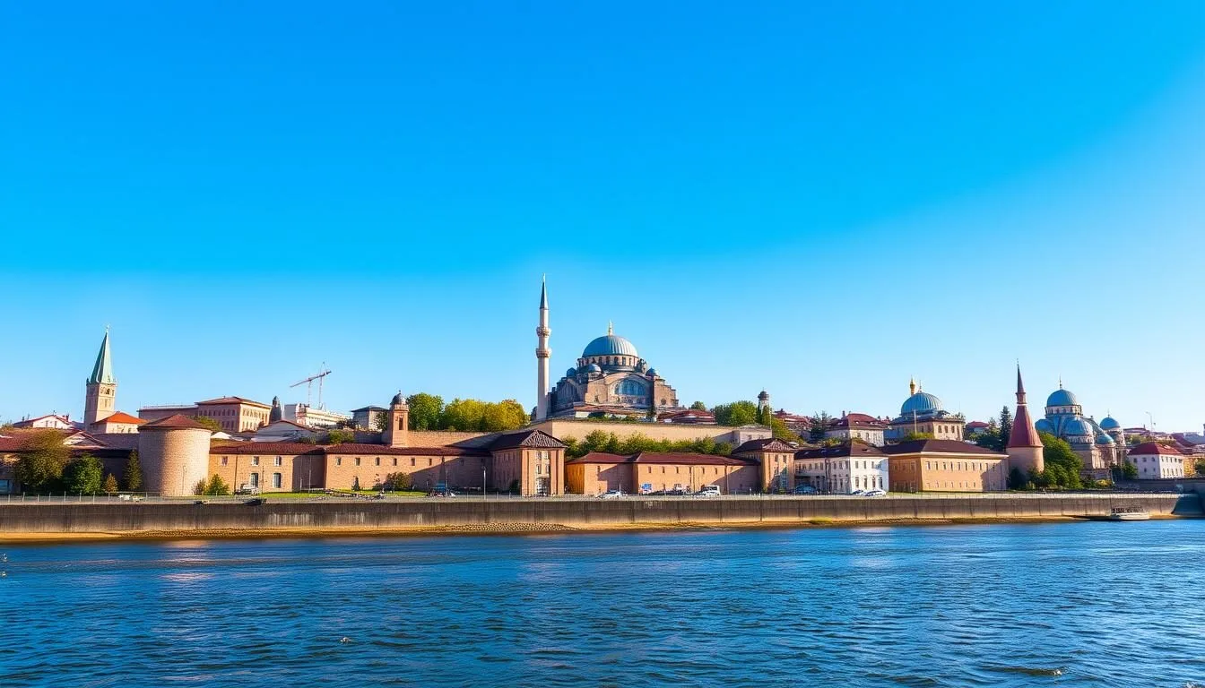 Panoramic view of Kazan city skyline with the Kremlin and Kul Sharif Mosque visible against a blue sky