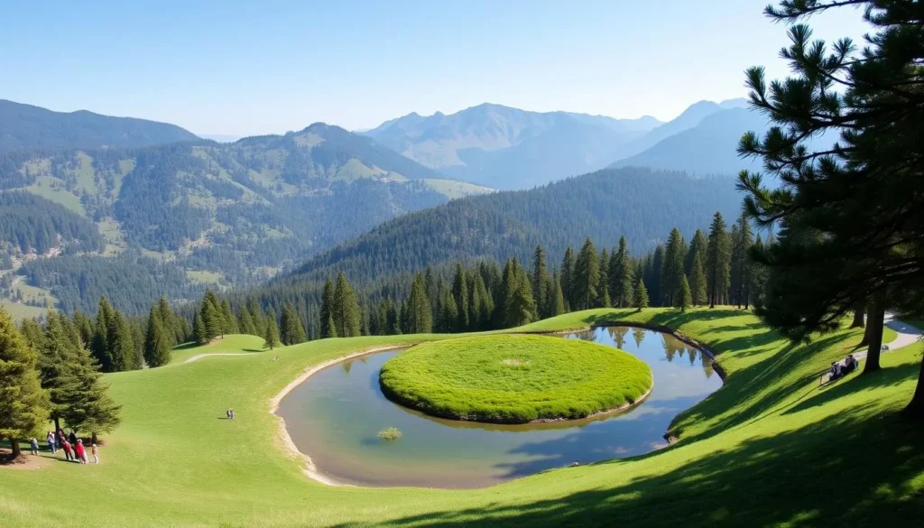 Panoramic view of Khajjiar Lake surrounded by lush meadows and deodar forests