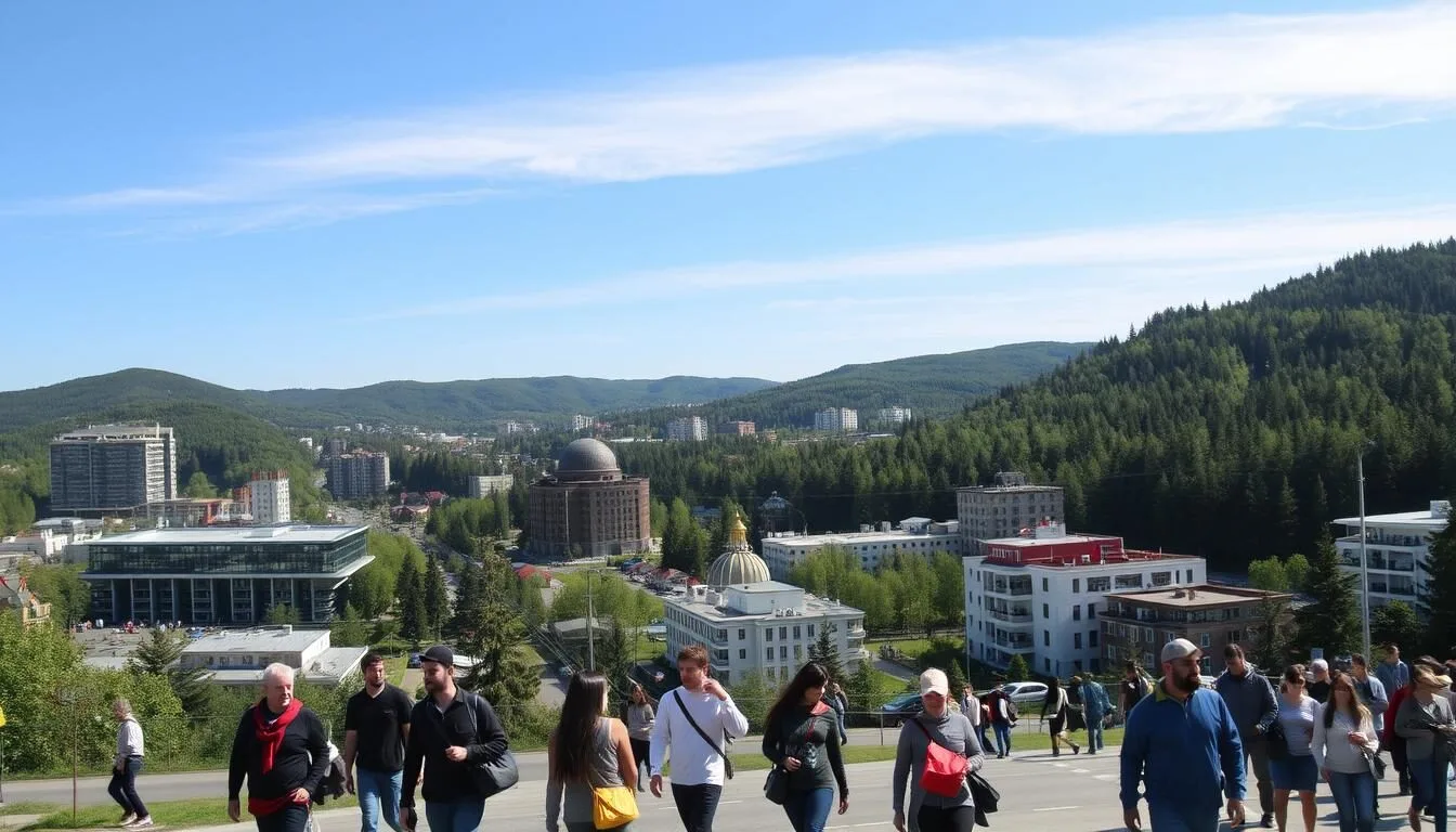 Panoramic-view-of-Khanty-Mansiysk-city-with-its-modern-architecture-nestled-among-forested Panoramic view of Khanty-Mansiysk city with its modern architecture nestled among forested hills
