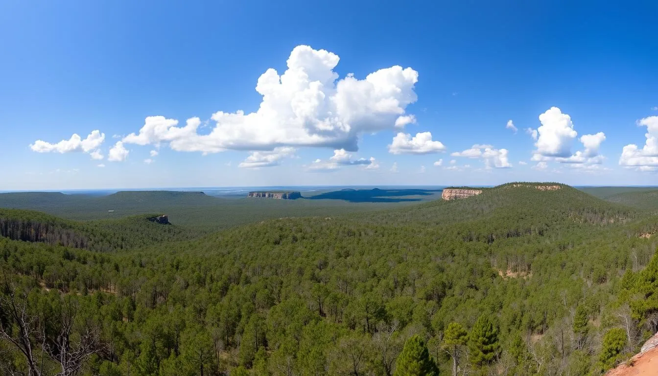 Panoramic view of Kisatchie Ridge Louisiana showing rolling hills covered with longleaf pines on a clear sunny day