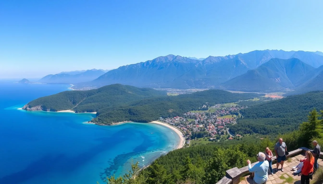 Panoramic view of Krasnodar Krai showing the Black Sea coastline with mountains in the background