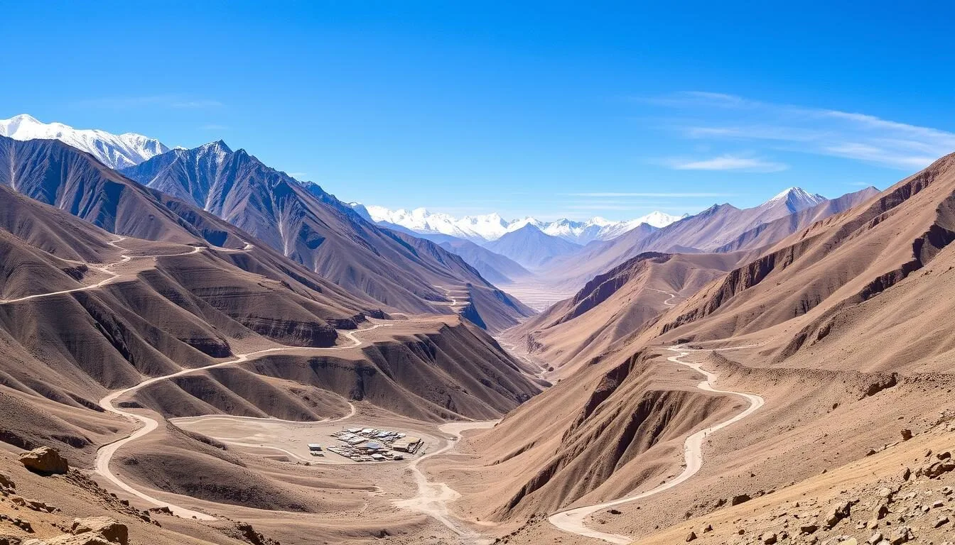 Panoramic view of Ladakh's dramatic mountain landscape with winding roads and a small village nestled in the valley