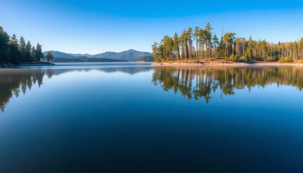 Panoramic view of Lake Earl at Tolowa Dunes State Park with reflections of surrounding trees Panoramic view of Lake Earl at Tolowa Dunes State Park with reflections of surrounding trees