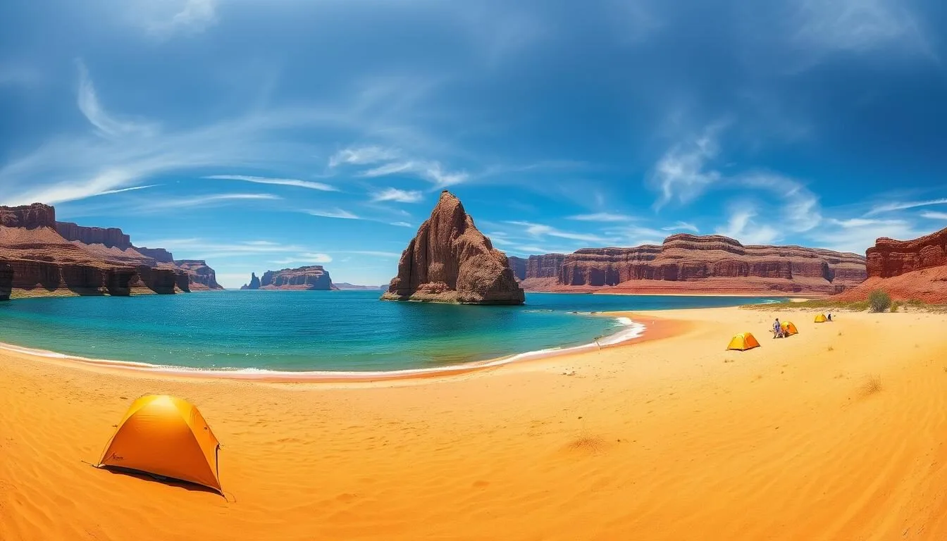 Panoramic view of Lone Rock Beach at Lake Powell with the iconic monolith rising from turquoise waters against a backdrop of red rock cliffs