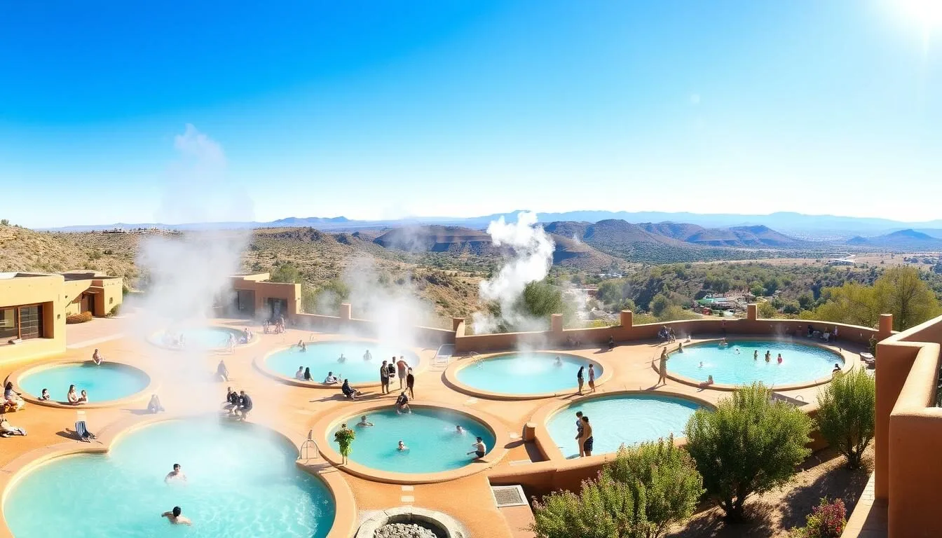 Panoramic-view-of-Ojo-Caliente-Mineral-Springs-resort-with-multiple-mineral-pools-surrounded-by Panoramic view of Ojo Caliente Mineral Springs resort with multiple mineral pools surrounded by desert landscape and mountains in New Mexico