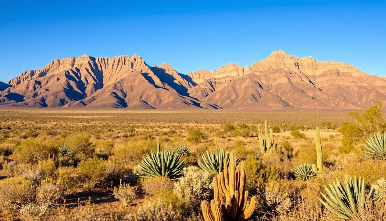 Panoramic-view-of-Oliver-Lee-Memorial-State-Park-with-the-Sacramento-Mountains-in-the Panoramic view of Oliver Lee Memorial State Park with the Sacramento Mountains in the background and desert vegetation in the foreground