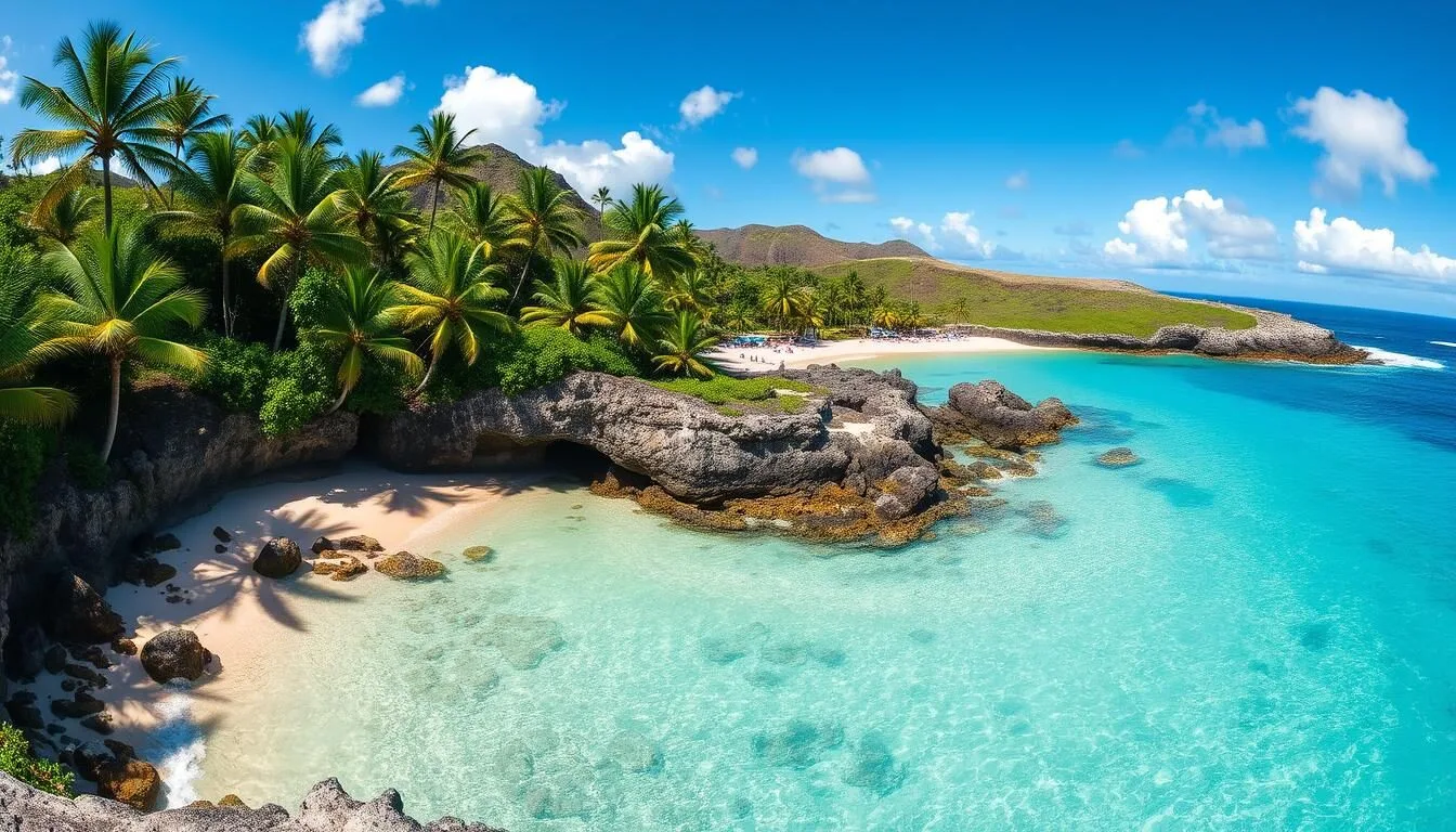 Panoramic view of Paradise Cove Beach on Oahu, Hawaii showing turquoise waters and white sand