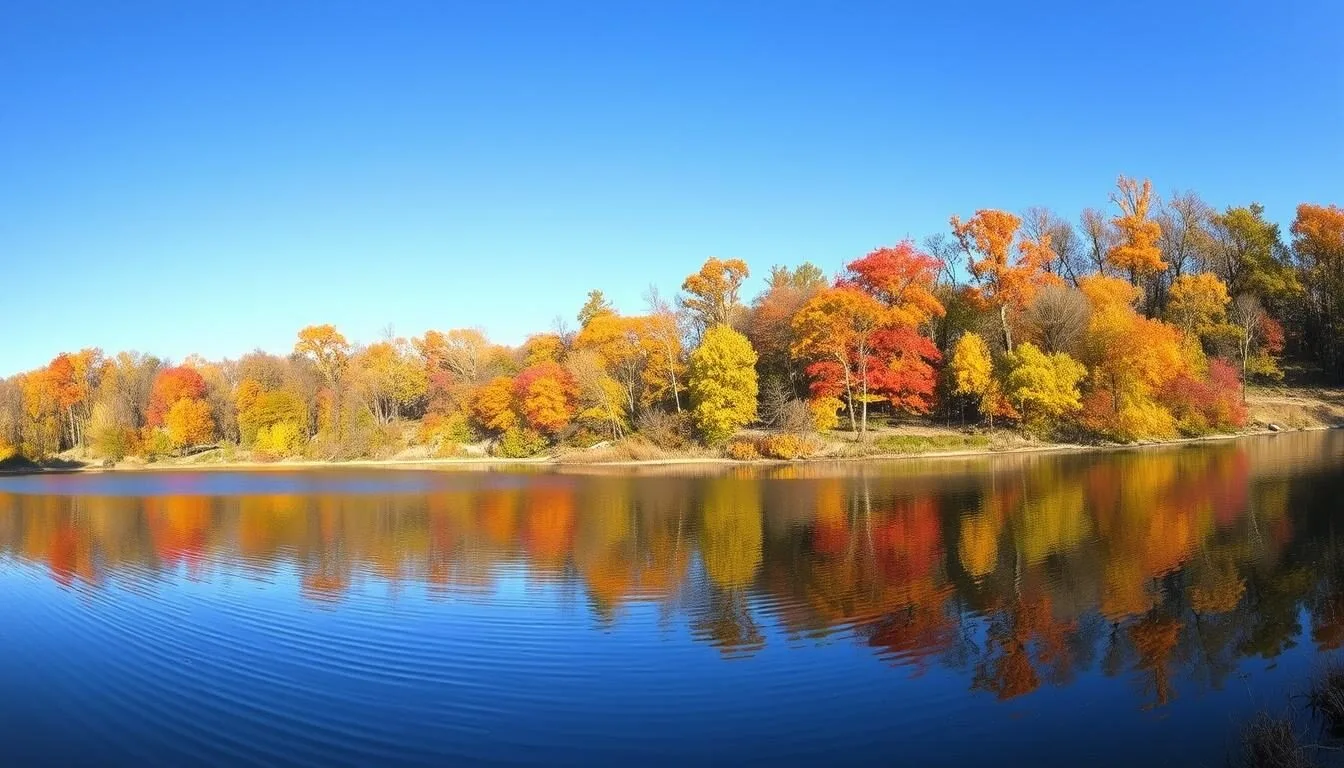 Panoramic-view-of-Pierce-Lake-at-Rock-Cut-State-Park-with-autumn-foliage-reflecting-in-the-calm Panoramic view of Pierce Lake at Rock Cut State Park with autumn foliage reflecting in the calm water