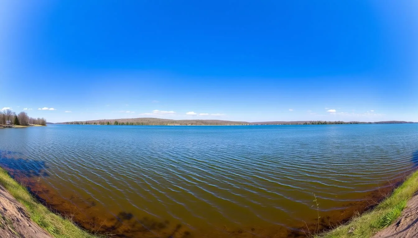 Panoramic view of Powerton Lake State Park showing the expansive water surrounded by natural shoreline on a clear sunny day