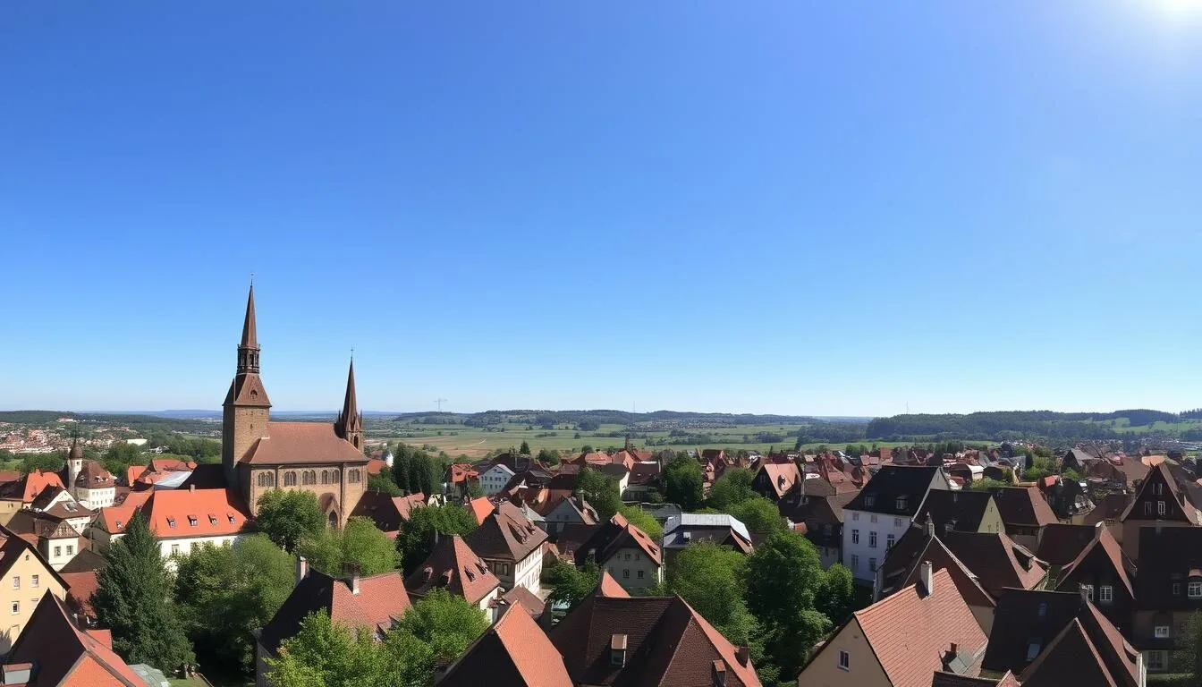 Panoramic view of Rothenburg ob der Tauber's medieval skyline with red-roofed buildings and church spires on a sunny day