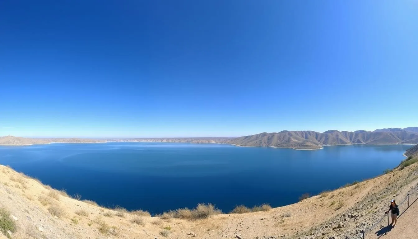 Panoramic-view-of-San-Luis-Reservoir-State-Recreation-Area-showing-the-expansive-blue-water Panoramic view of San Luis Reservoir State Recreation Area showing the expansive blue water surrounded by golden California hills on a clear sunny day