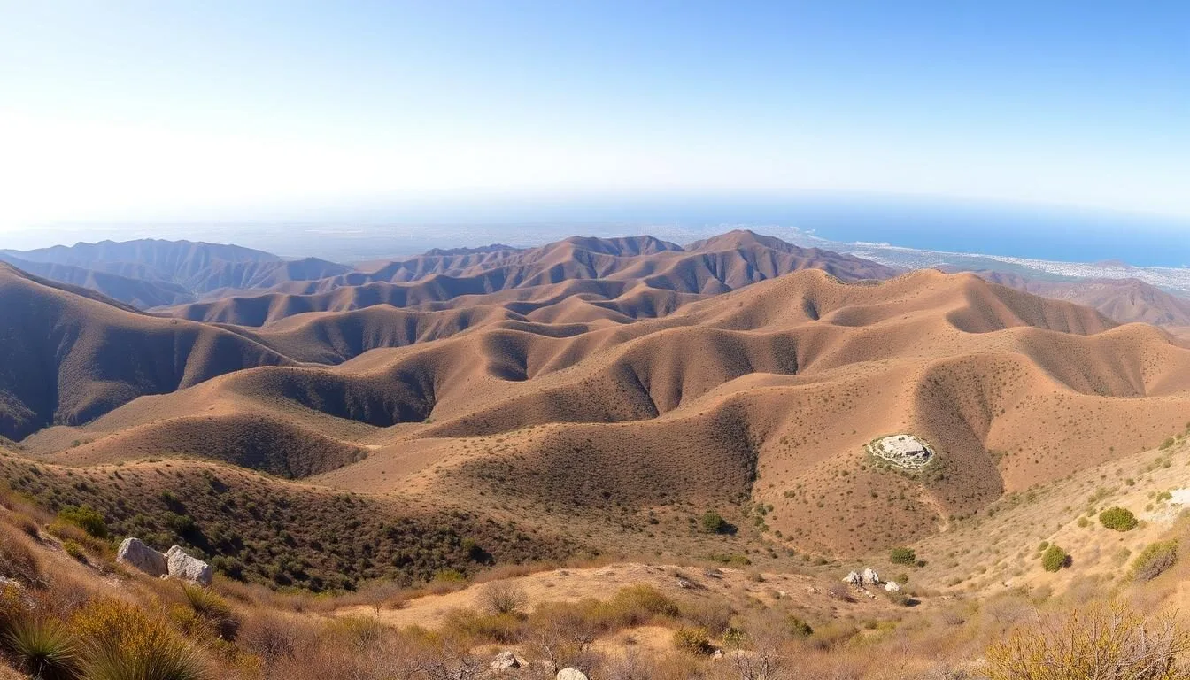 Panoramic view of Santa Monica Mountains National Recreation Area showing rolling hills and coastal views