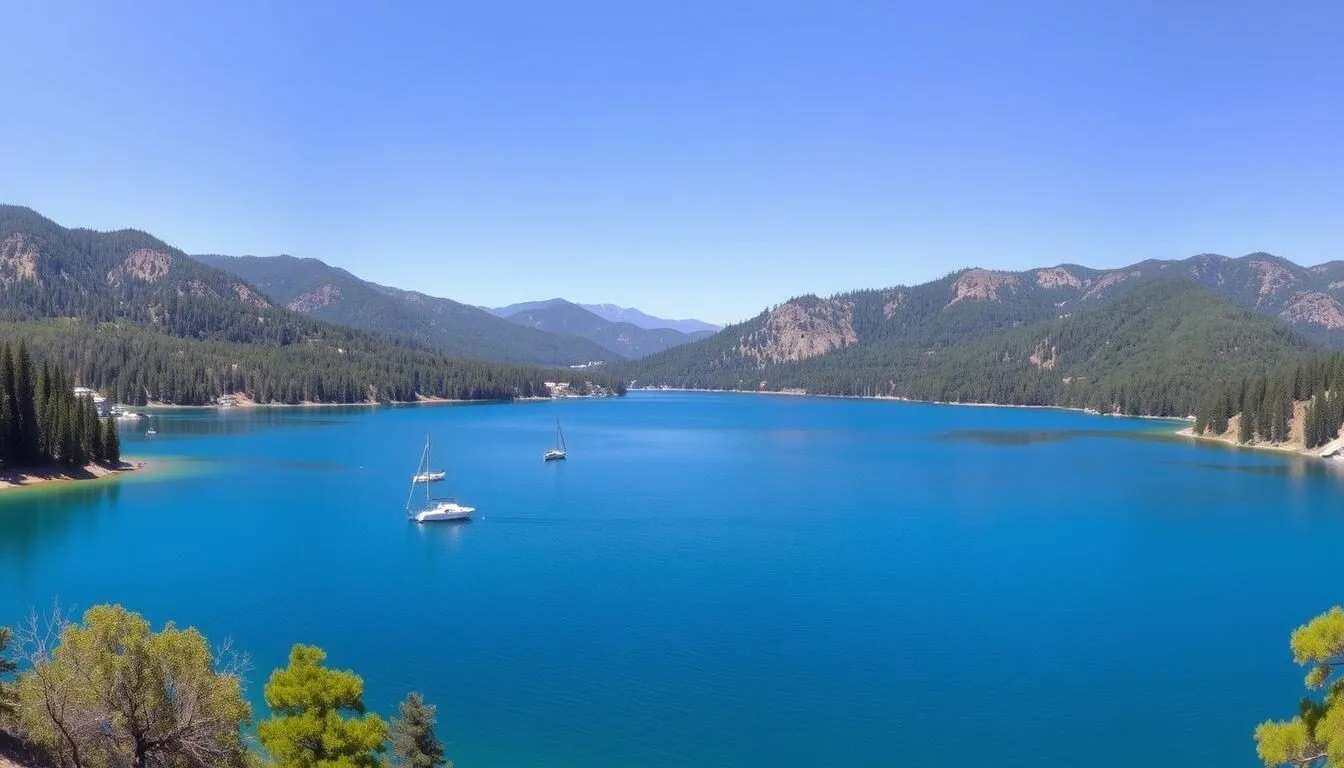 Panoramic view of Silverwood Lake surrounded by the San Bernardino Mountains on a clear day, showing the blue waters against the forested hillsides
