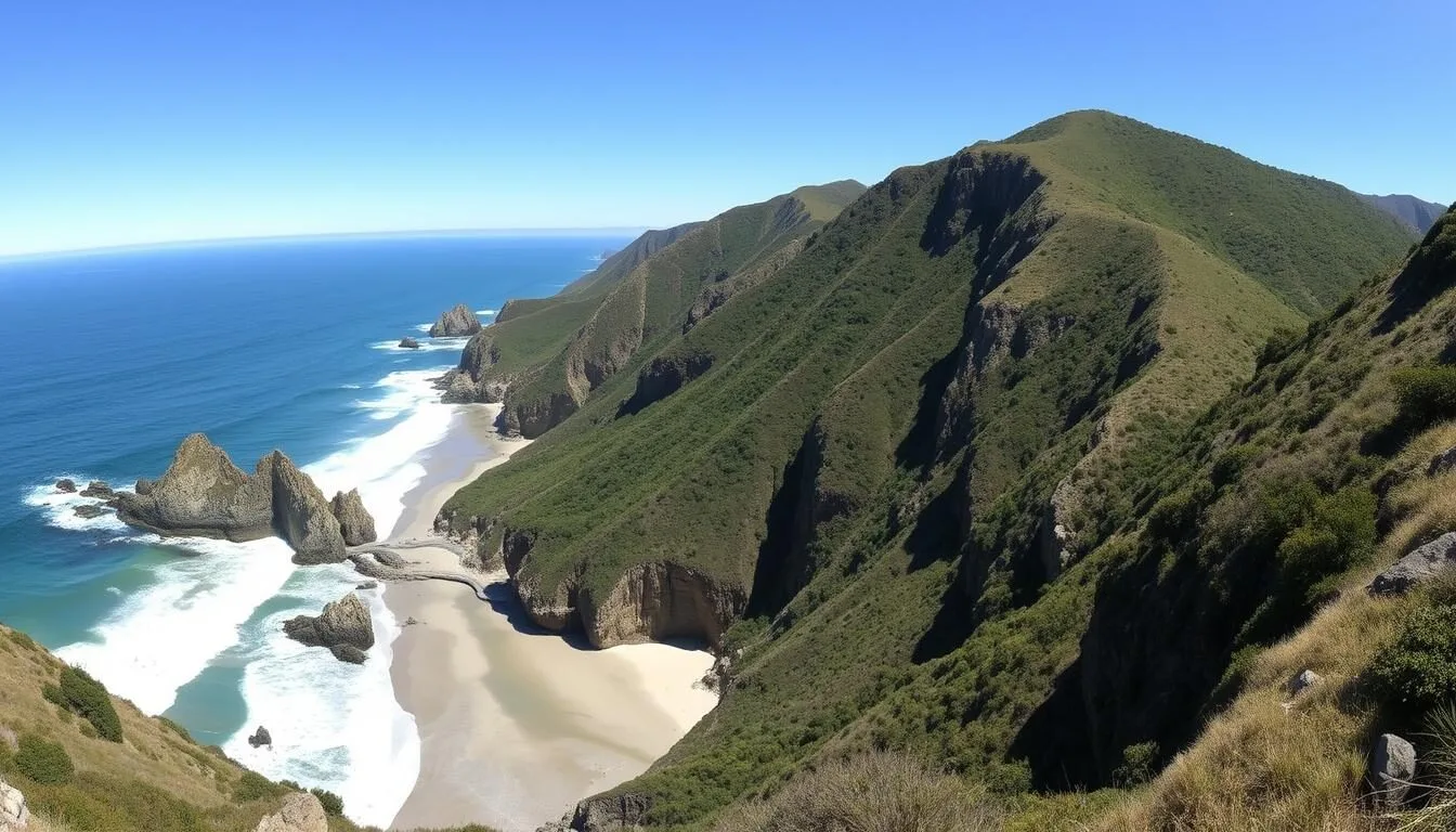 Panoramic-view-of-Sinkyone-Wilderness-State-Park-coastline-showing-rugged-cliffs-and-pristine Panoramic view of Sinkyone Wilderness State Park coastline showing rugged cliffs and pristine beaches along the Lost Coast Trail