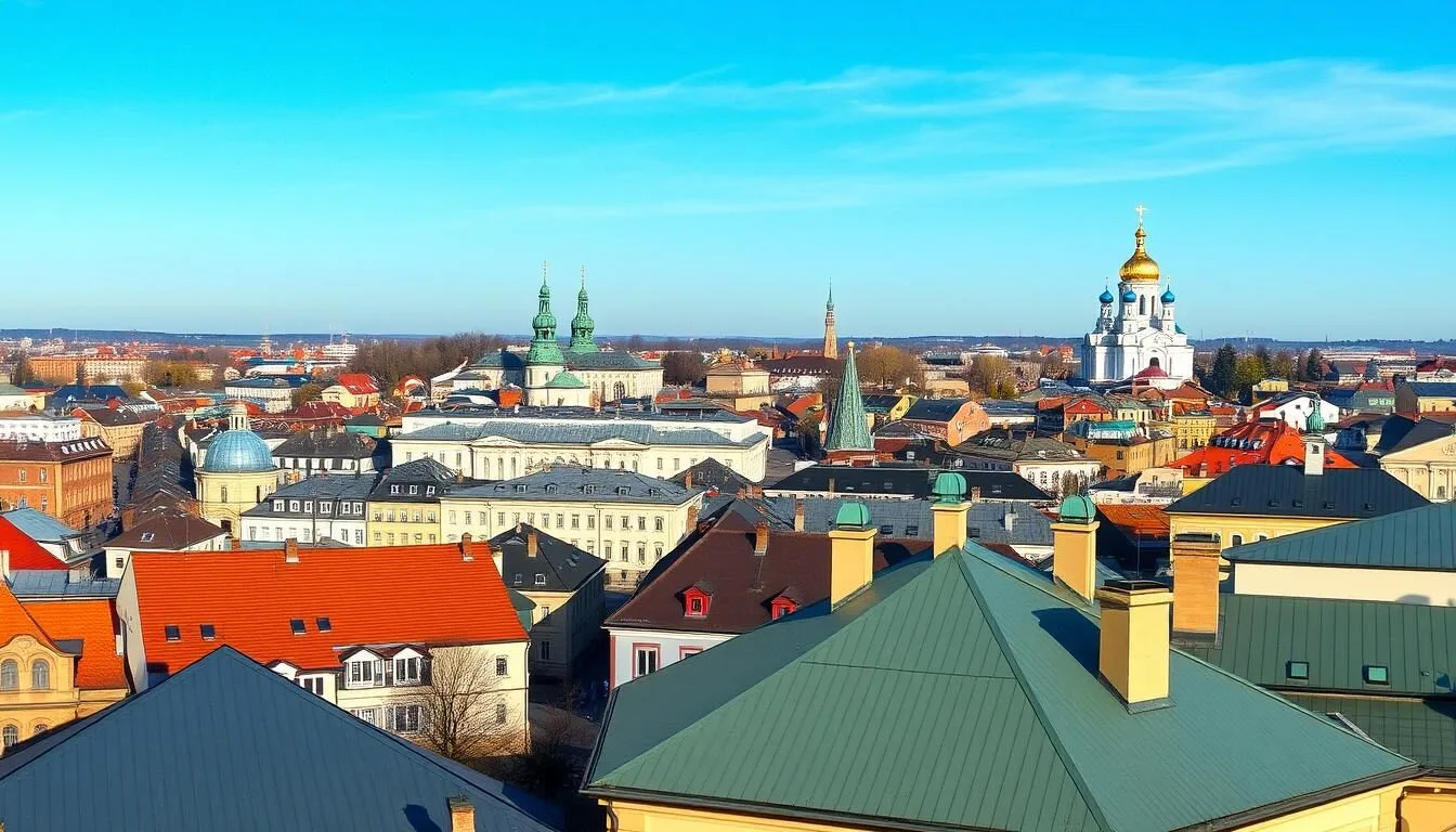 Panoramic view of Smolensk city with the Assumption Cathedral's blue domes visible on the horizon
