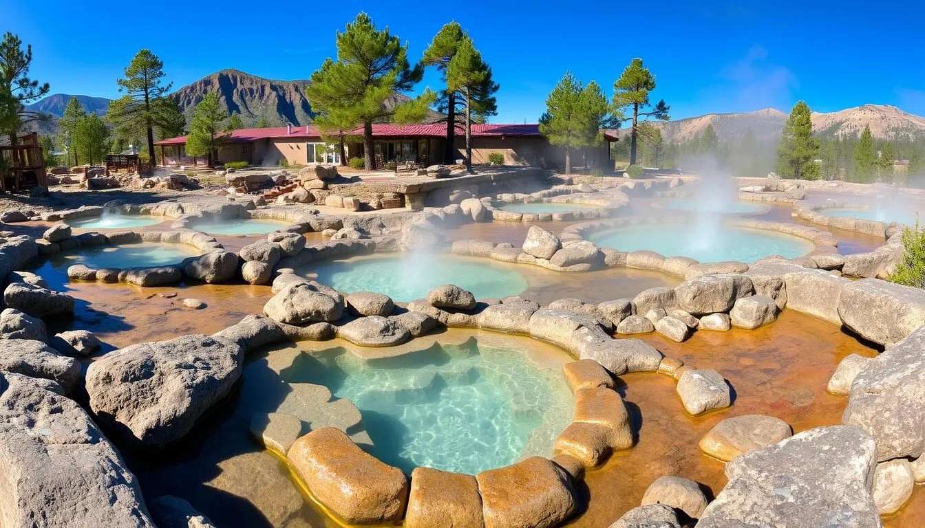 Panoramic view of Spence Hot Springs with steaming pools nestled among volcanic rocks with pine trees and mountains in the background