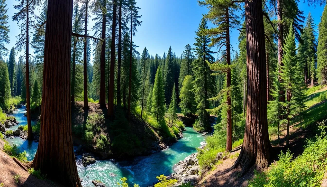 Panoramic-view-of-Standish-Hickey-State-Recreation-Area-showing-redwood-trees-and-the-Eel-River Panoramic view of Standish-Hickey State Recreation Area showing redwood trees and the Eel River on a sunny day