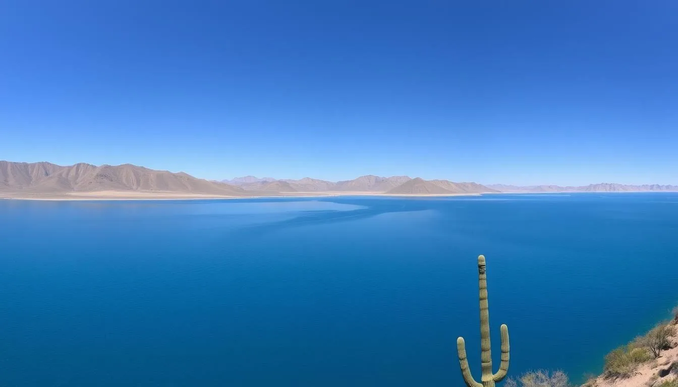 Panoramic view of Theodore Roosevelt Lake with mountains in background and blue water reflecting the sky
