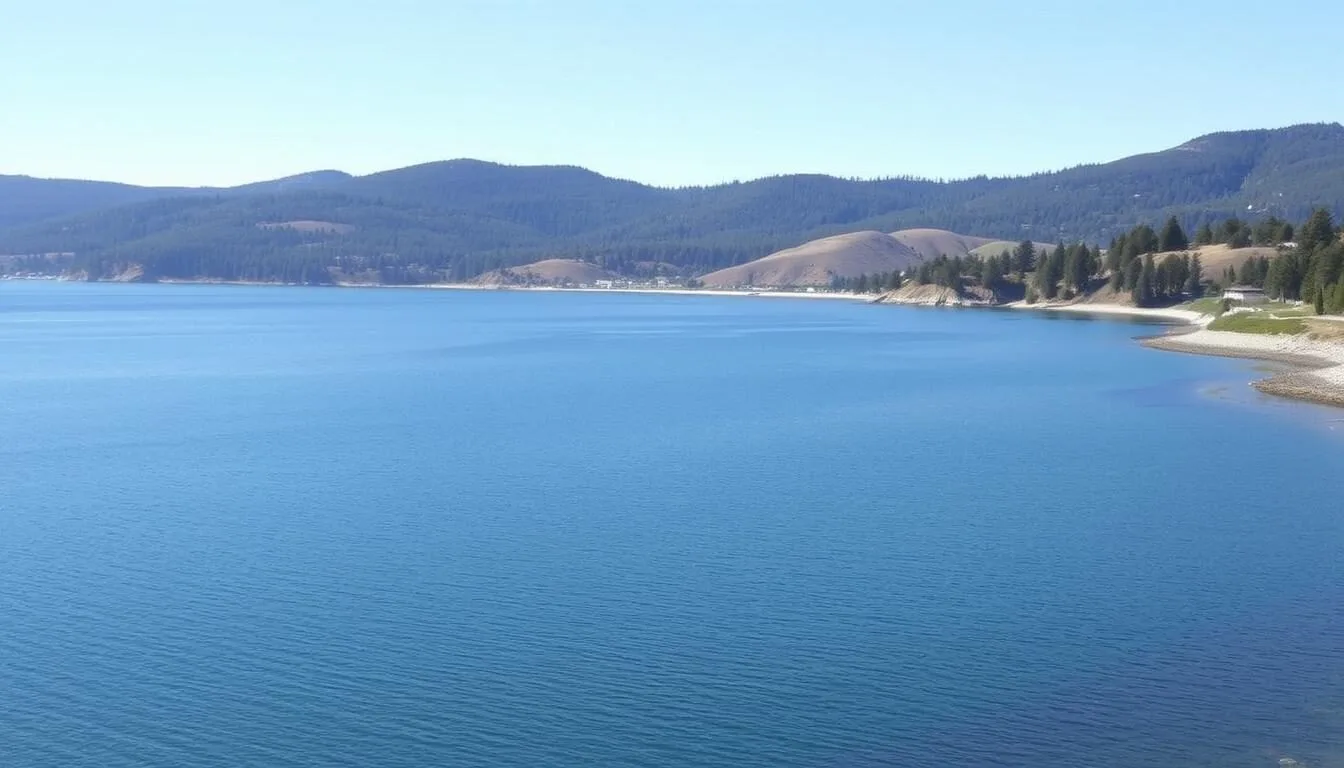 Panoramic view of Tomales Bay State Park showing calm waters and forested shoreline on a clear day