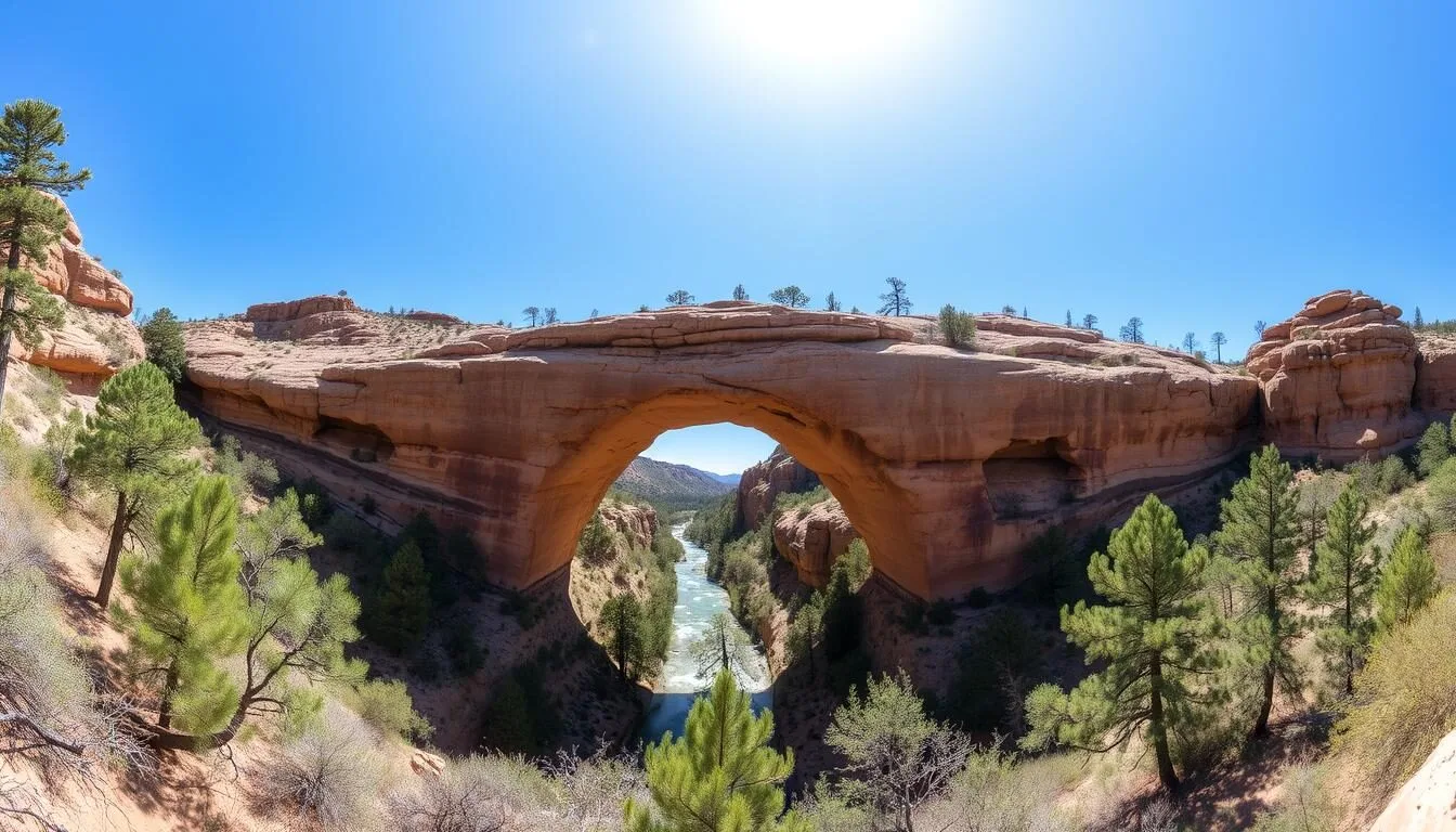 Panoramic-view-of-Tonto-Natural-Bridge-State-Park-Arizona-showing-the-massive-travertine Panoramic view of Tonto Natural Bridge State Park Arizona showing the massive travertine formation spanning across Pine Creek